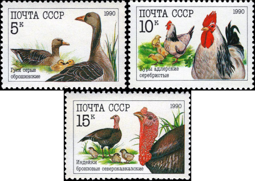 1990, 6223-6225, Домашние птицы - Серия, 3 марки, СССР