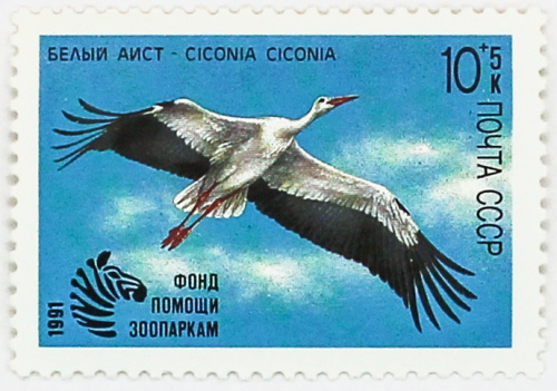 1991, 6290, Белый аист (Ciconia ciconia) - Почтовая марка, СССР
