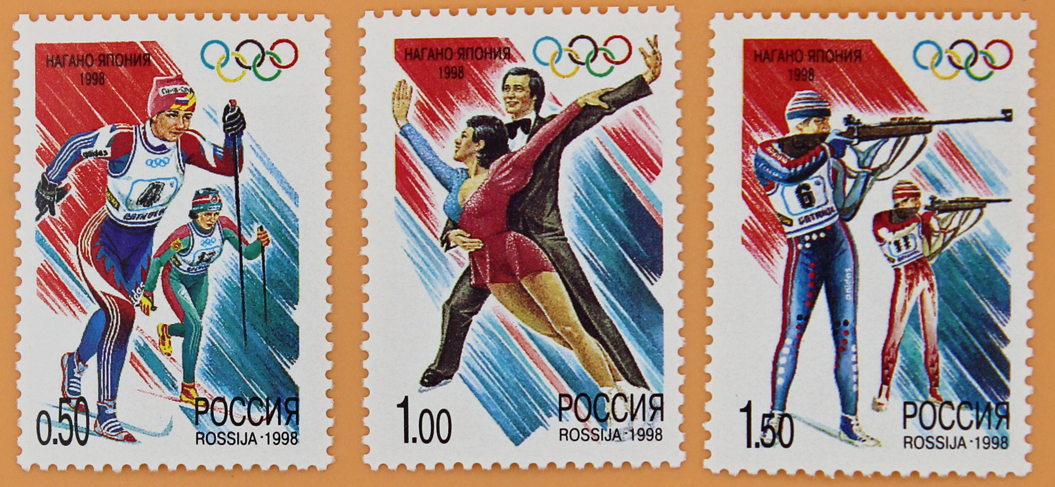 1998, 422-424, XVIII зимние Олимпийские игры (Япония, Нагано, 7-22.02). - Серия, 3 марки, Россия
