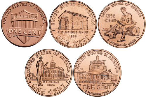 5 монет по 1 центу, 2010, Жизнь линкольна, медь-никель, США