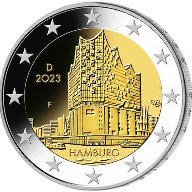 2 евро, Эльбская филармония в Гамбурге, биметалл, Германия, 2023